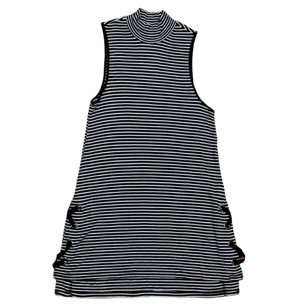 Cable & Gauge Mockneck Lace-Up Pinstripe Dress